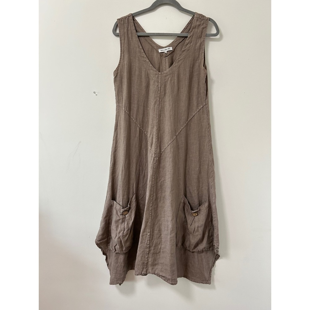 100% Linblanc Linen Sleeveless Pocket Midi Dress Women 38 M/L Lagenlook Artsy